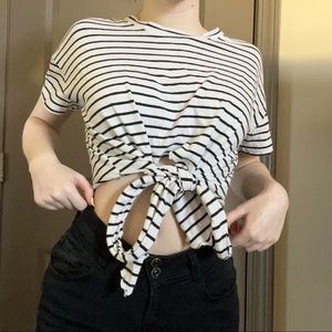 White with black striped tie crop top